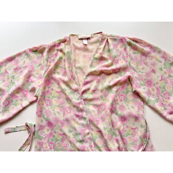 Vintage OSCAR DE LA RENTA Pink Green Floral Print Chiffon Robe, Size L - Picture 7 of 16
